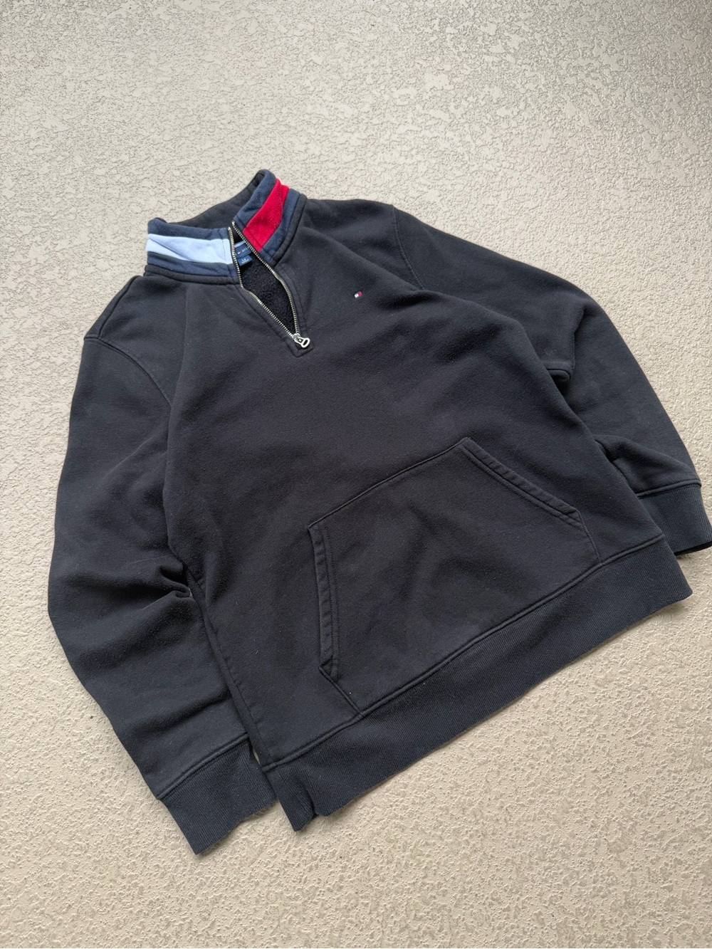 Tommy Hilfiger Women’s Black Zip-Up Sweater with Red & Light Blue Collar Trim